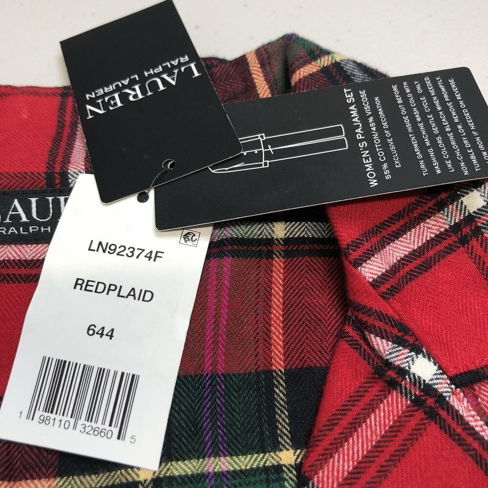 Lauren Ralph Lauren Womens Plaid Pajama Set SIZE SMALL Red Button Up Long Sleeve - Picture 6 of 16